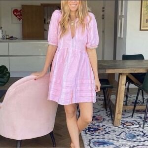 H&M x Lemlem 100% Linen Mini Dress Pink Fit & Flare Sz S Soft Girl Boho Coastal
